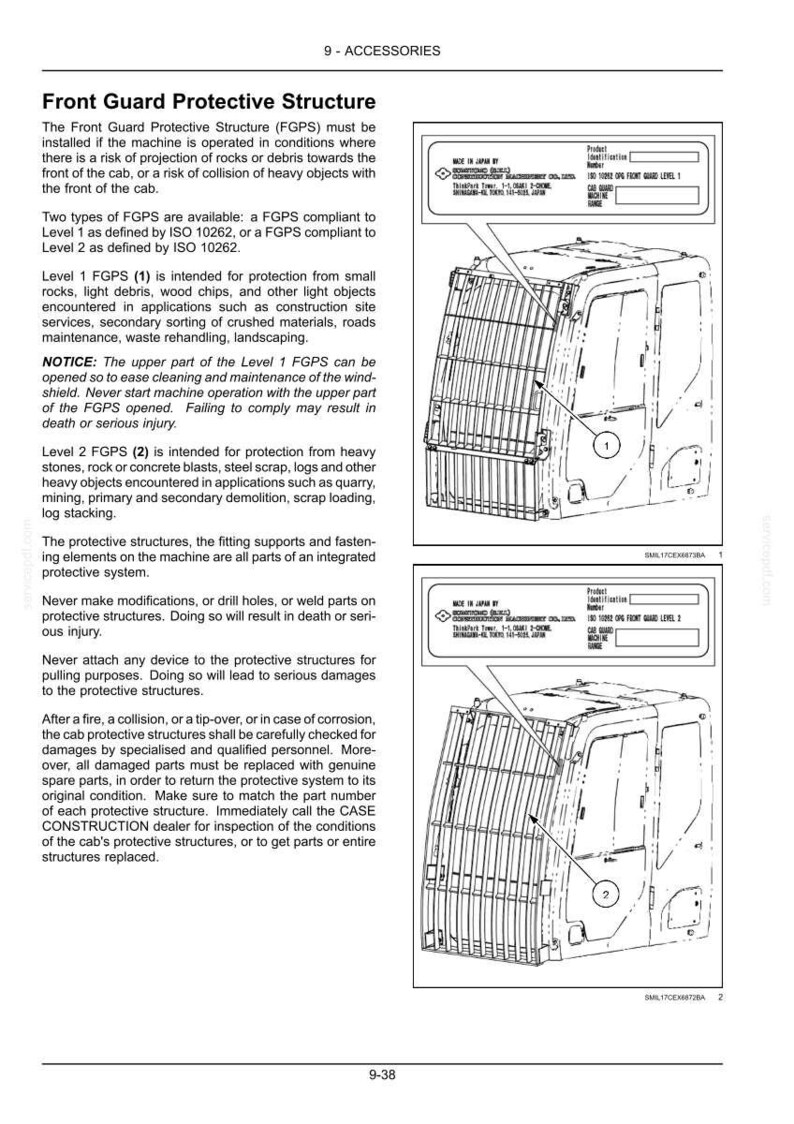 Puede incluir: Diagrama de una estructura protectora frontal para una cabina de m&aacute;quina, con dos niveles de protecci&oacute;n. El nivel 1 es para escombros ligeros, el nivel 2 para objetos pesados. Incluye texto e ilustraciones.