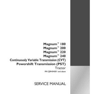 May include: A white service manual with black text. The text includes "Magnum" models 180, 200, 220, and 240, along with "Continuously Variable Transmission (CVT)" and "Powershift Transmission (PST)". The Case IH Agriculture logo is in the bottom right.