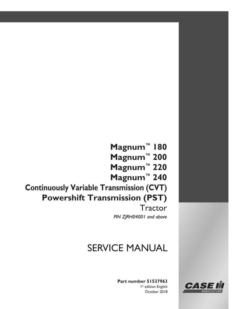 May include: A white service manual with black text. The text includes "Magnum" models 180, 200, 220, and 240, along with "Continuously Variable Transmission (CVT)" and "Powershift Transmission (PST)". The Case IH Agriculture logo is in the bottom right.