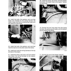 May include: A black and white technical manual page with engine assembly instructions. The images show various steps, including installing bolts, washers, and connecting wires. Text includes numbered steps and component names.