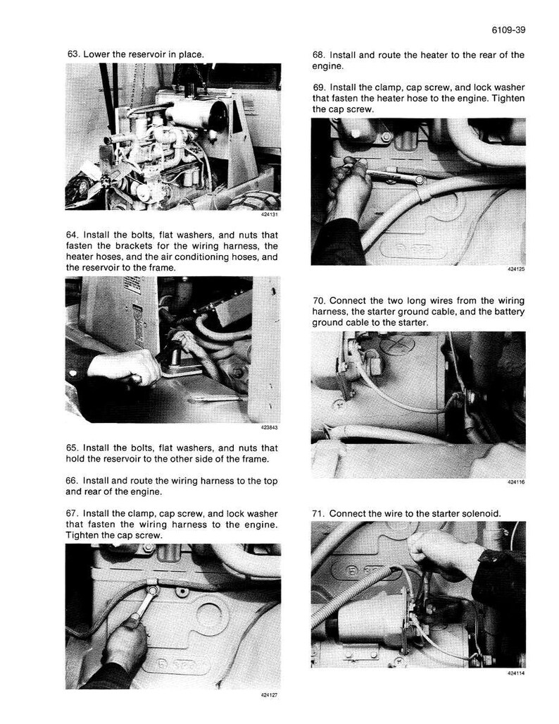 May include: A black and white technical manual page with engine assembly instructions. The images show various steps, including installing bolts, washers, and connecting wires. Text includes numbered steps and component names.