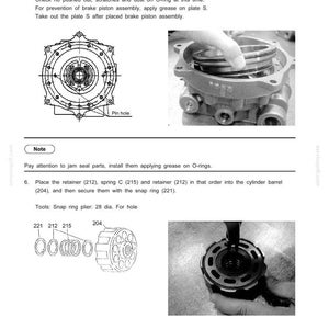 May include: A technical service manual page titled UPPER STRUCTURE, featuring black and white line drawings and photographs showing the assembly of a brake piston, O-rings, retainers, spring C, and a cylinder barrel with numbered components.