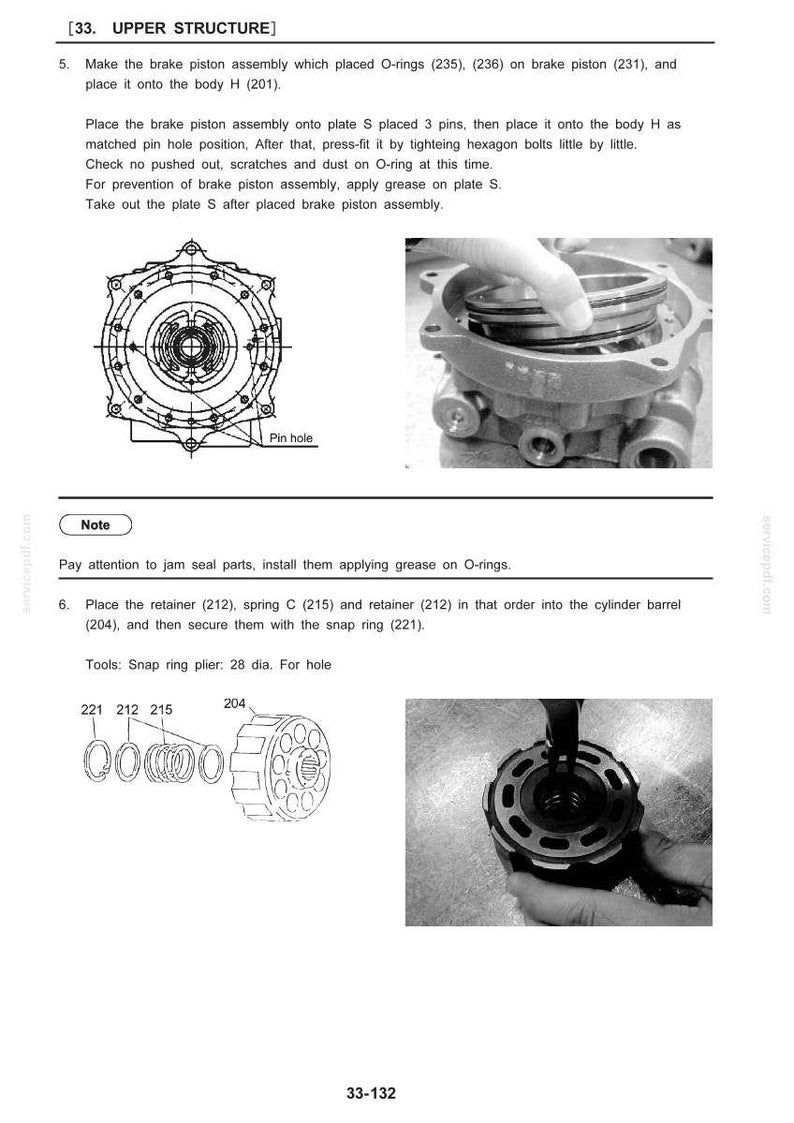 May include: A technical service manual page titled UPPER STRUCTURE, featuring black and white line drawings and photographs showing the assembly of a brake piston, O-rings, retainers, spring C, and a cylinder barrel with numbered components.