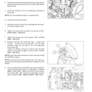 May include: Diagram of air conditioning compressor installation steps. Includes images of the compressor, hoses, screws, and belt. Instructions detail tightening torque specifications in foot-pounds and Newton-meters.