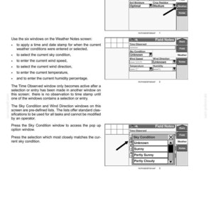 May include: A technical manual page titled 3-SETUP Weather notes, featuring three black and white diagrams of a digital interface. The screens display Field Notes with dropdown menus for soil, weather, and sky conditions, including navigation buttons.