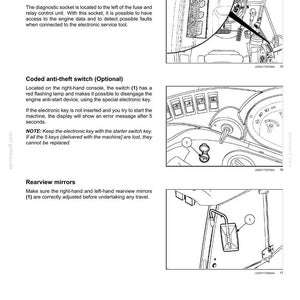 May include: A technical manual page titled 3-CONTROLS AND INSTRUMENTS featuring three diagrams. The first shows a fuse and relay control unit, the second displays a coded anti-theft switch with a key, and the third illustrates a rearview mirror.