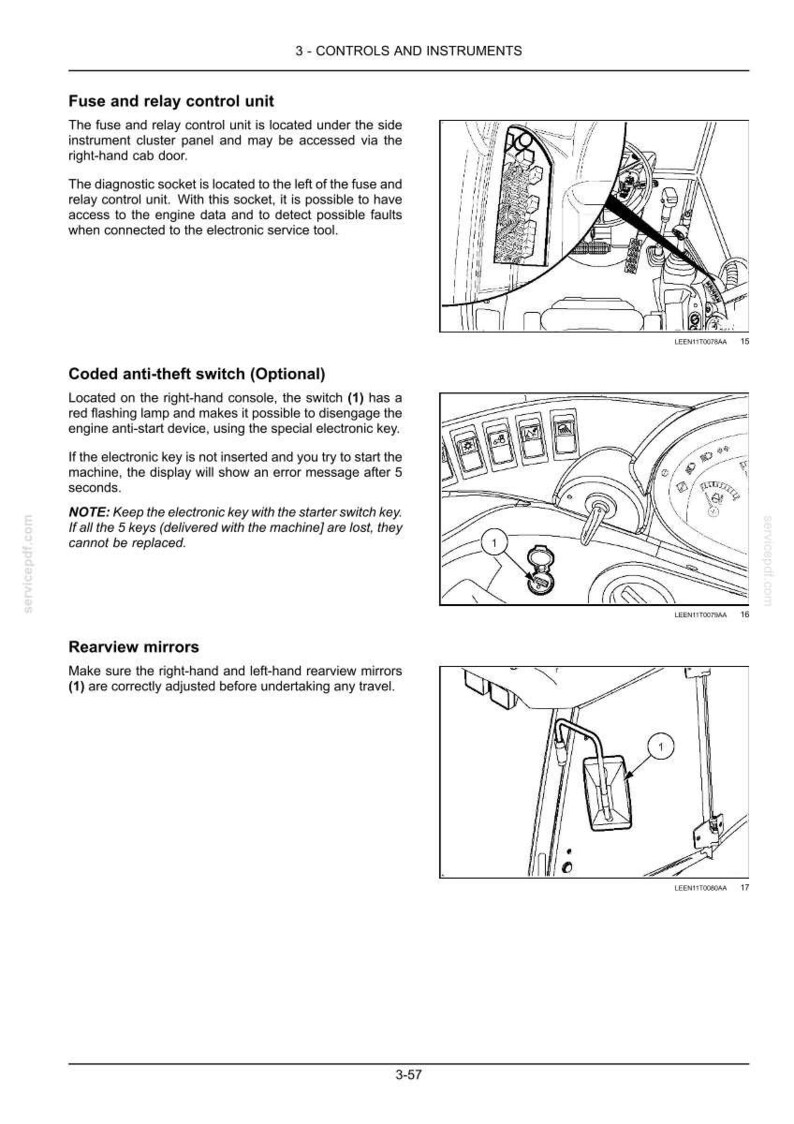 May include: A technical manual page titled 3-CONTROLS AND INSTRUMENTS featuring three diagrams. The first shows a fuse and relay control unit, the second displays a coded anti-theft switch with a key, and the third illustrates a rearview mirror.