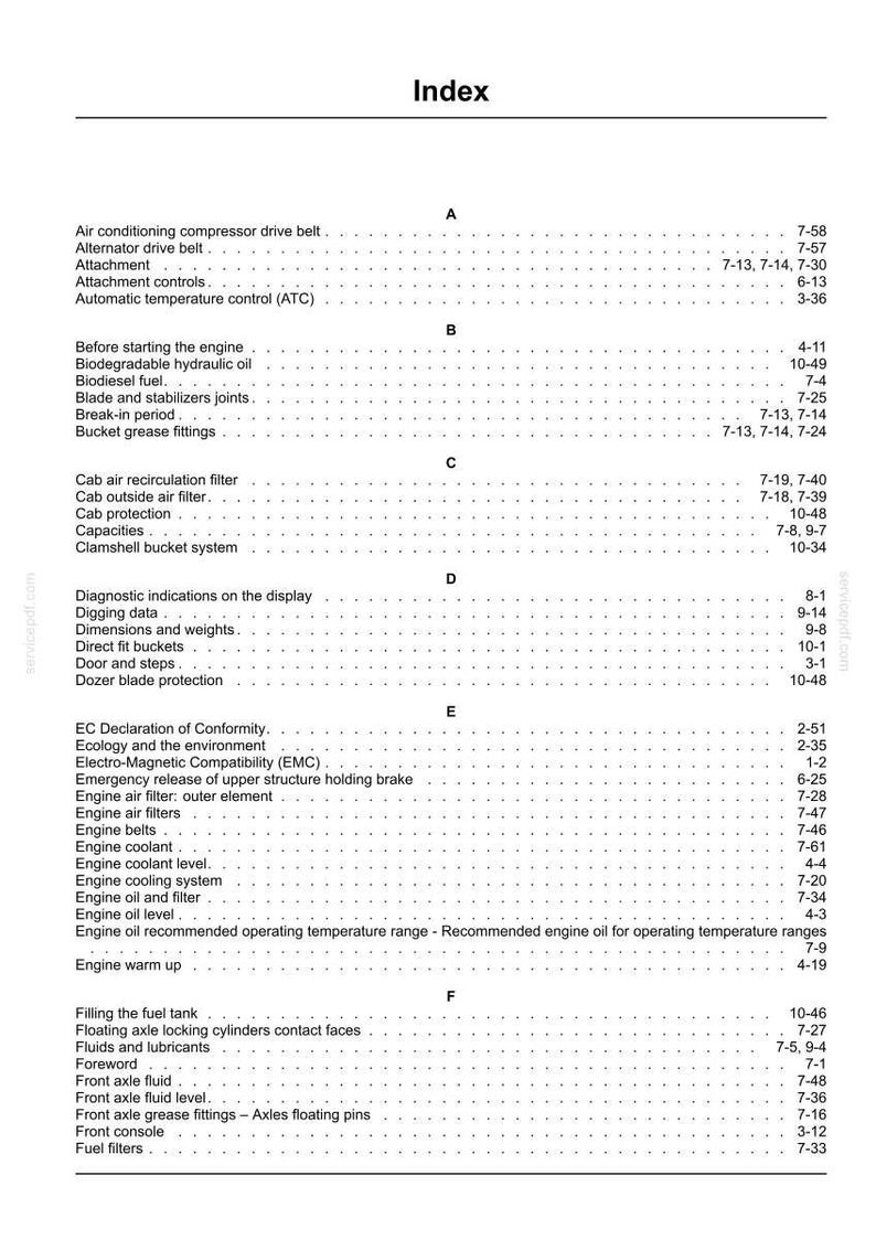 May include: Index page from a manual, listing various mechanical components and their corresponding page numbers. The text is black on a white background, organized alphabetically.