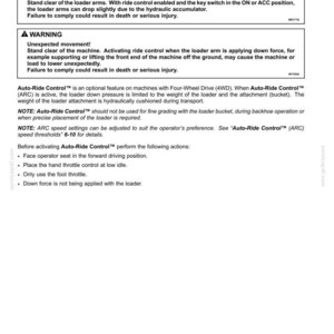 May include: A page from an operating instructions manual for a machine with Auto-Ride Control (ARC) for four-wheel drive (4WD) vehicles. The page includes warnings about unexpected machine movement and instructions for use.