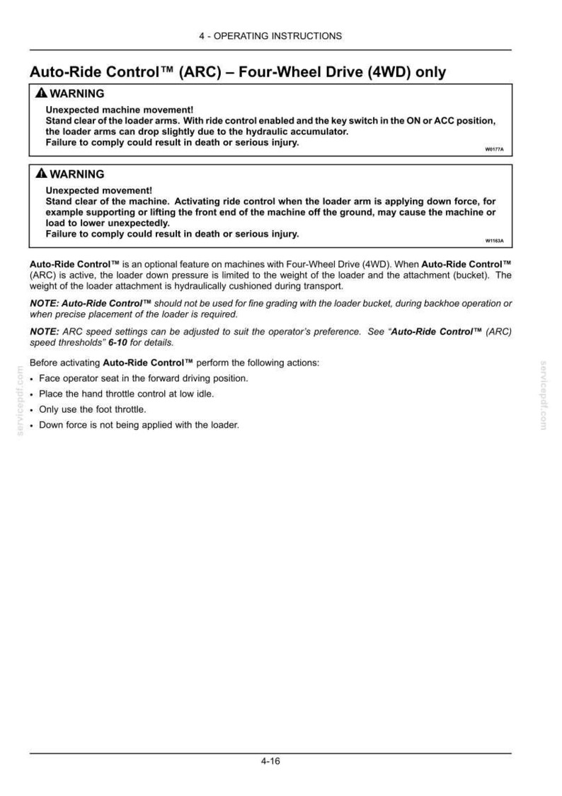 May include: A page from an operating instructions manual for a machine with Auto-Ride Control (ARC) for four-wheel drive (4WD) vehicles. The page includes warnings about unexpected machine movement and instructions for use.
