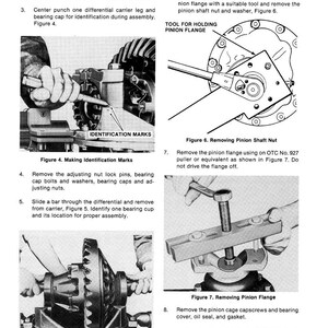 K&ouml;nnte beinhalten: Schwarz-Wei&szlig;-Technische Diagramme, die Reparaturverfahren f&uuml;r Kraftfahrzeuge veranschaulichen. Die Bilder zeigen Schritte zum Aus- und Einbau von Differentialkomponenten, einschlie&szlig;lich der Ritzelwelle und der Lagerdeckel. Text und Beschriftungen sind enthalten.