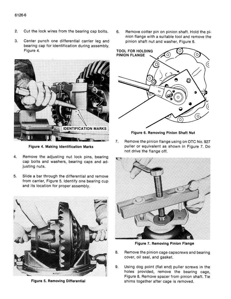 K&ouml;nnte beinhalten: Schwarz-Wei&szlig;-Technische Diagramme, die Reparaturverfahren f&uuml;r Kraftfahrzeuge veranschaulichen. Die Bilder zeigen Schritte zum Aus- und Einbau von Differentialkomponenten, einschlie&szlig;lich der Ritzelwelle und der Lagerdeckel. Text und Beschriftungen sind enthalten.