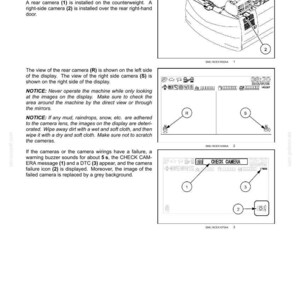 May include: Diagram of a rear view camera system with labeled components. Includes images of the camera display, showing camera views and error messages. Text explains camera functions and troubleshooting.