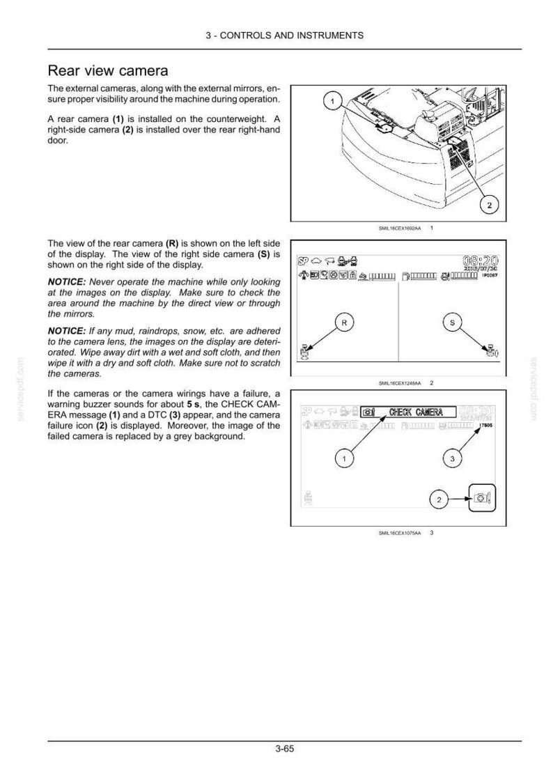 May include: Diagram of a rear view camera system with labeled components. Includes images of the camera display, showing camera views and error messages. Text explains camera functions and troubleshooting.