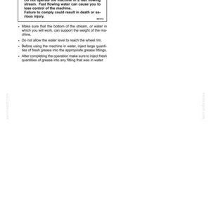 May include: A technical document page titled 6 - WORKING OPERATIONS featuring a warning box about operating machinery in water. It includes safety instructions regarding water flow, wheel rim levels, and grease maintenance for equipment.