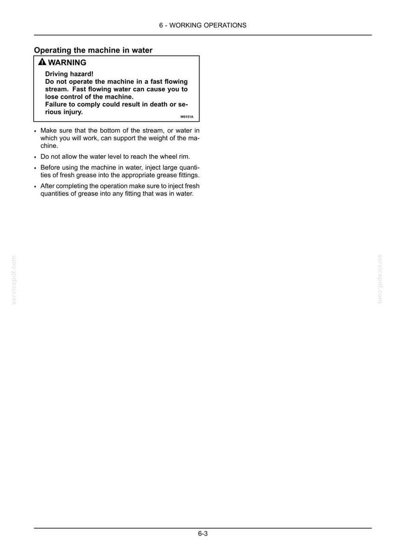 May include: A technical document page titled 6 - WORKING OPERATIONS featuring a warning box about operating machinery in water. It includes safety instructions regarding water flow, wheel rim levels, and grease maintenance for equipment.