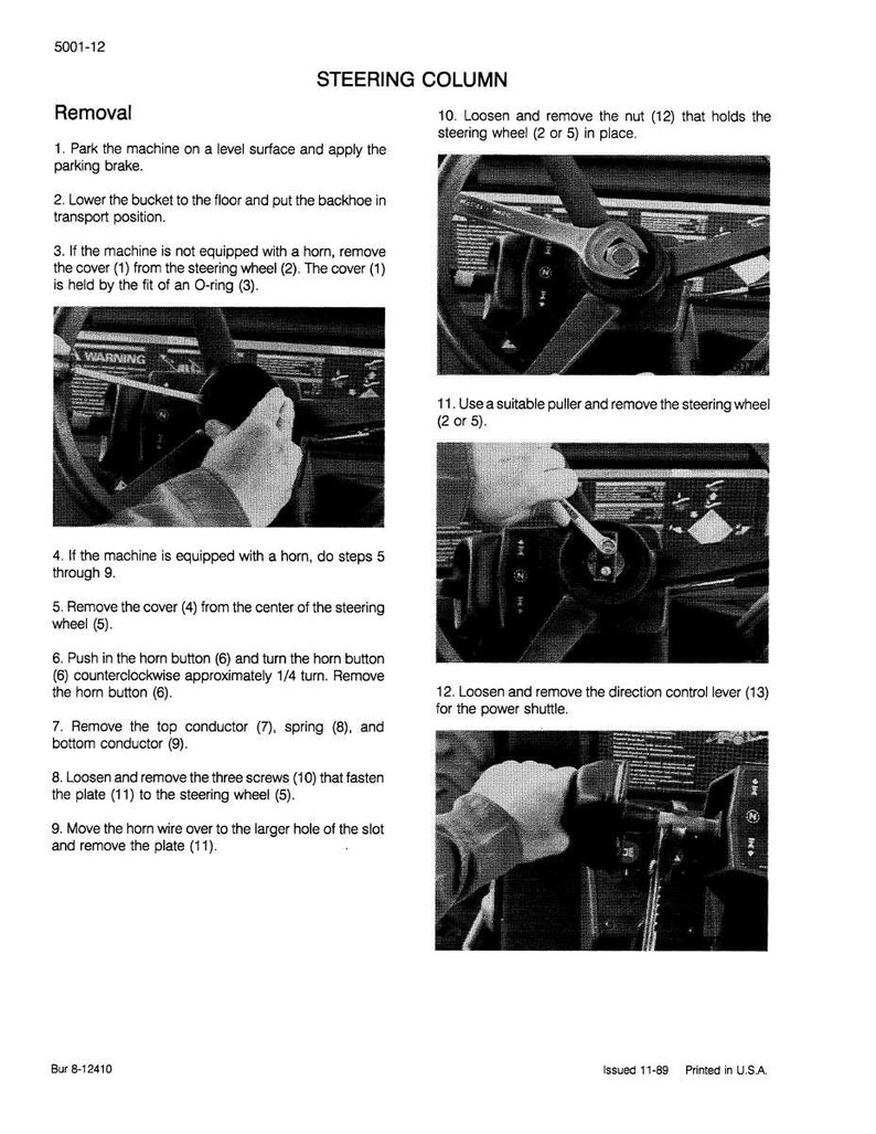 May include: A black and white manual page titled "STEERING COLUMN" with instructions for removing the steering wheel. The page includes diagrams and numbered steps for the removal process. The text includes a warning.