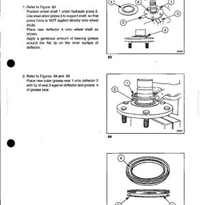 May include: Diagrams from a New Holland TF70 Series Hydrostatic System manual. The diagrams show the assembly of wheel shaft components, including a deflector, grease seal, and arbor plates. The diagrams are labeled with numbers for each part.