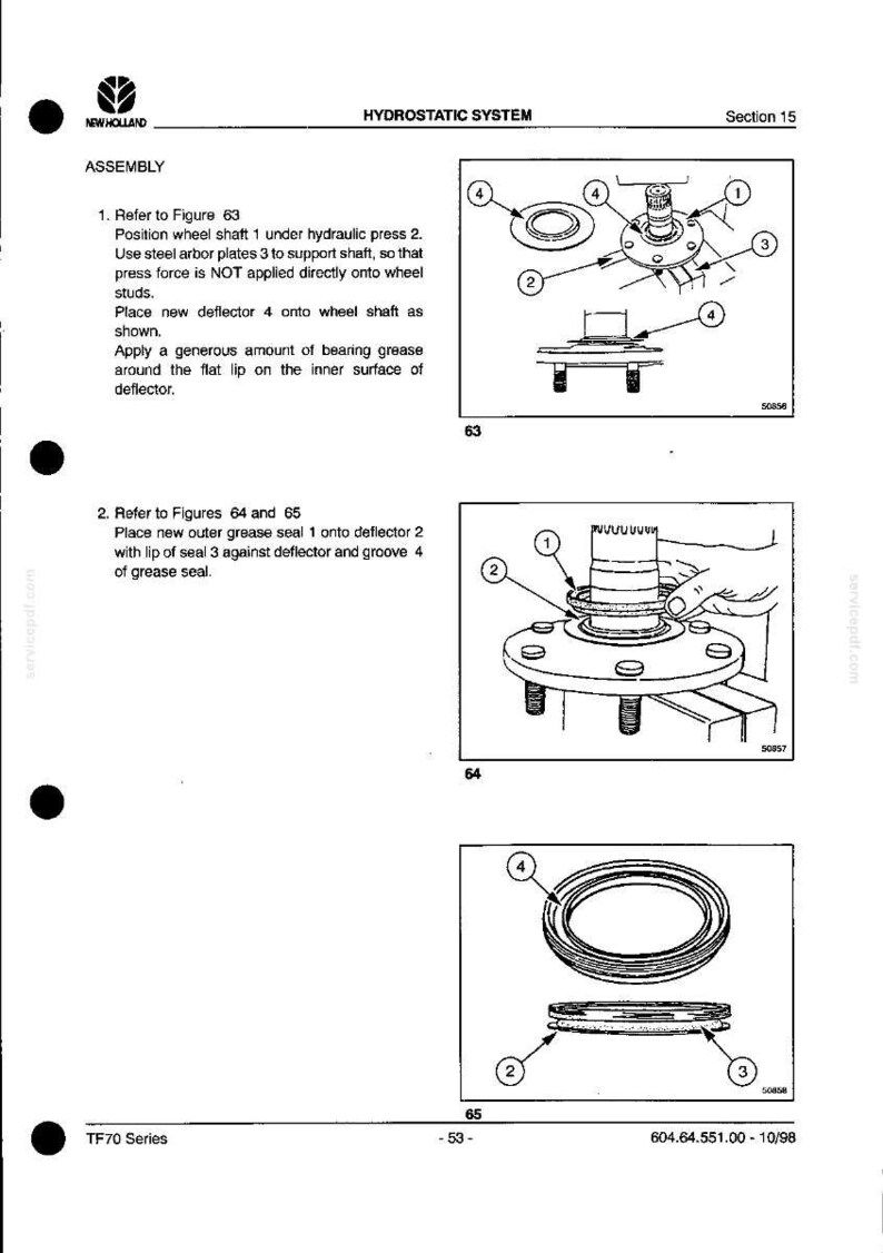 May include: Diagrams from a New Holland TF70 Series Hydrostatic System manual. The diagrams show the assembly of wheel shaft components, including a deflector, grease seal, and arbor plates. The diagrams are labeled with numbers for each part.
