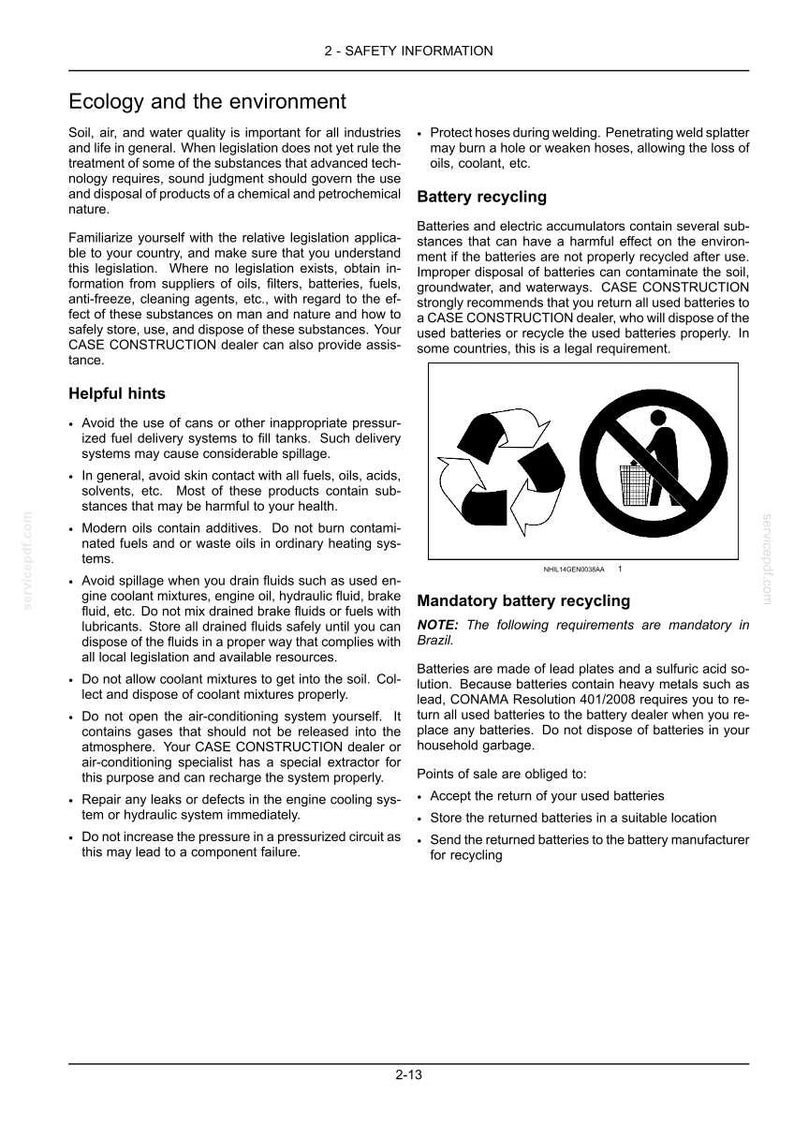 May include: Page from a manual with text about ecology, environment, and battery recycling. Includes a recycling symbol with a crossed-out trash can. Text advises proper disposal of batteries to prevent environmental contamination.