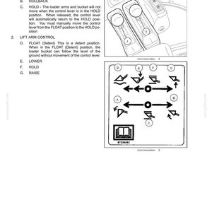May include: Diagram of a two-function valve with two control levers. The image includes labeled diagrams for bucket and lift arm control, with symbols indicating functions like dump, rollback, lower, hold, and raise.