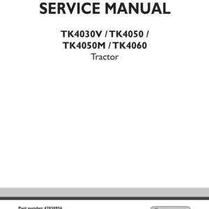 May include: A white service manual cover with the text "SERVICE MANUAL" in bold black letters. Below, it lists tractor models TK4030V, TK4050, TK4050M, and TK4060. The New Holland Agriculture logo is in the bottom right.