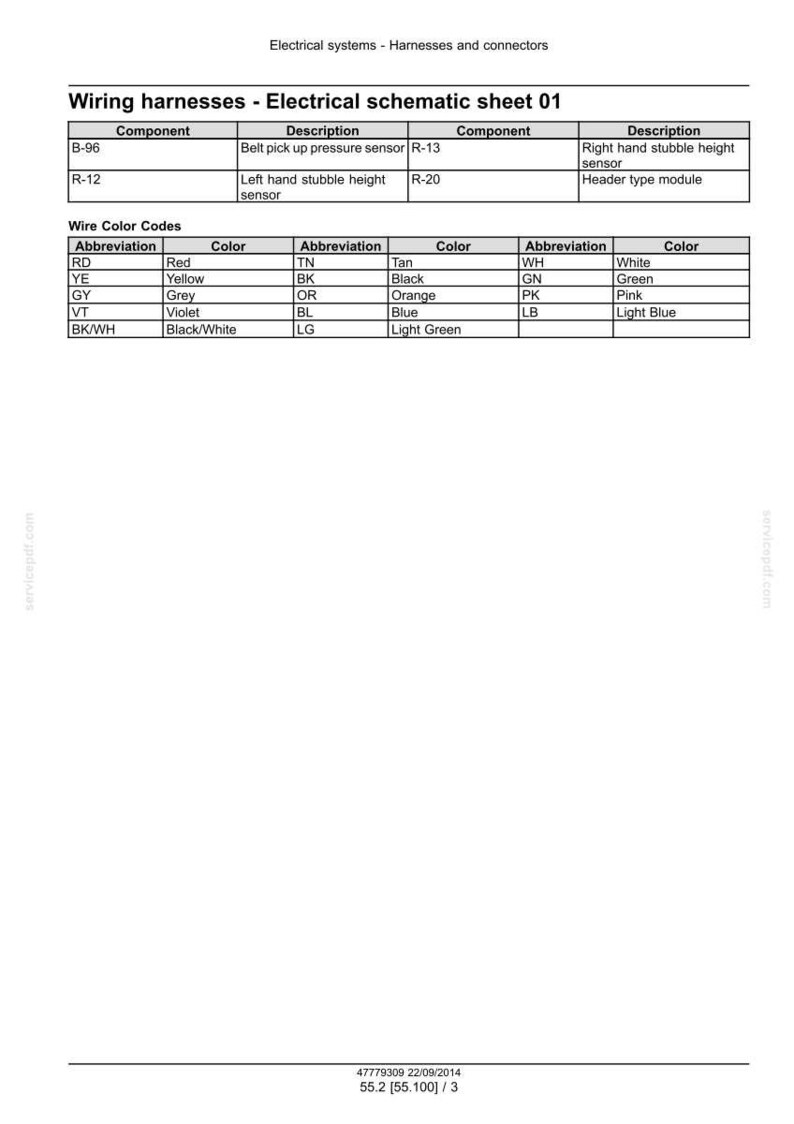 May include: A detailed electrical schematic sheet with the title "Wiring harnesses - Electrical schematic sheet 01." The sheet includes component descriptions, wire color codes, and abbreviations for various electrical system components.