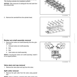 May include: Diagrams illustrating engine cylinder head maintenance procedures. The image includes labeled diagrams for camshaft removal, rocker arm shaft assembly removal, valve stem end cap removal, and split collar removal. Text instructions accompany each diagram.