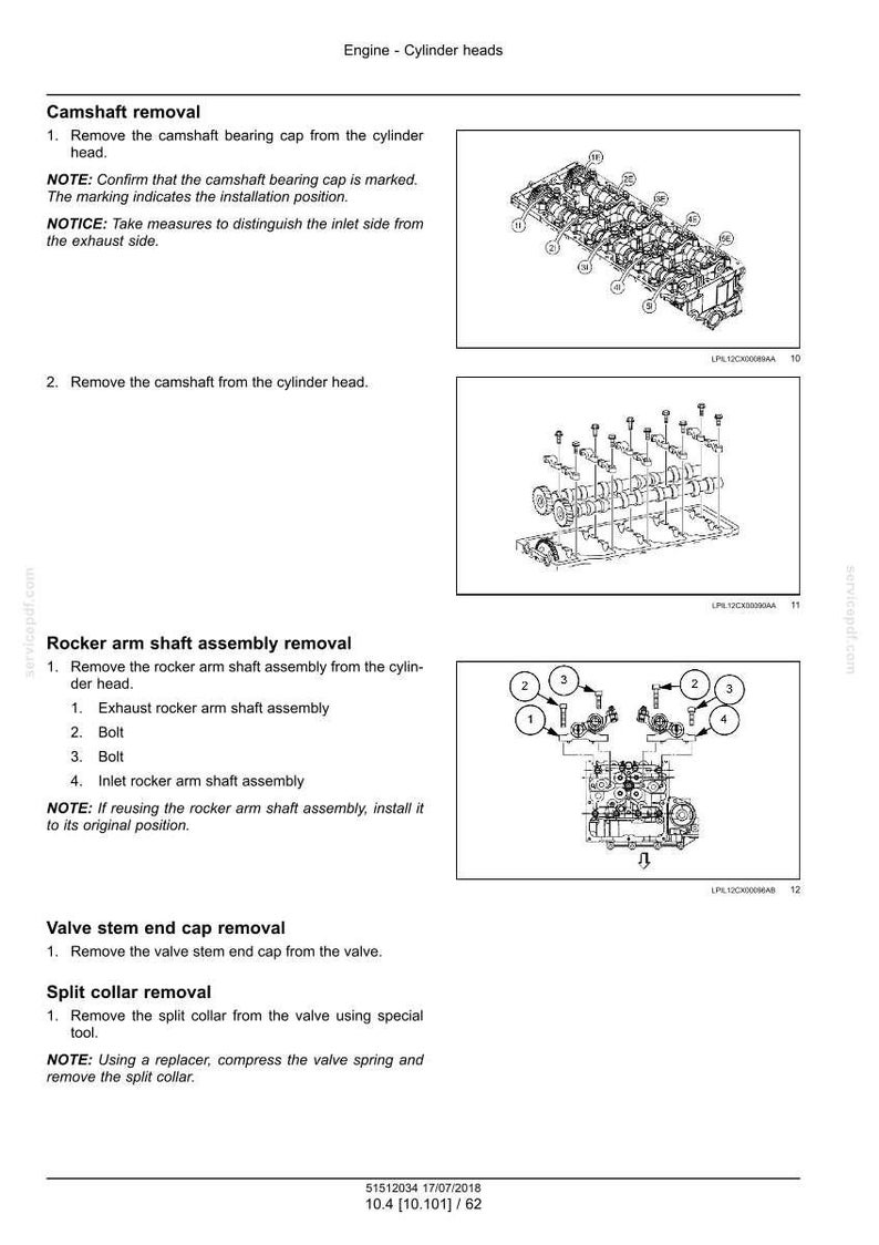 May include: Diagrams illustrating engine cylinder head maintenance procedures. The image includes labeled diagrams for camshaft removal, rocker arm shaft assembly removal, valve stem end cap removal, and split collar removal. Text instructions accompany each diagram.