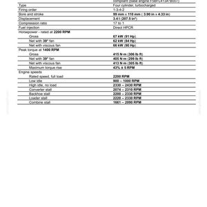 May include: Engine specifications for the 580N model, including bore and stroke of 3.90 in x 4.33 in, and horsepower rated at 2200 RPM. The document details engine speeds, torque, and fuel injection information.
