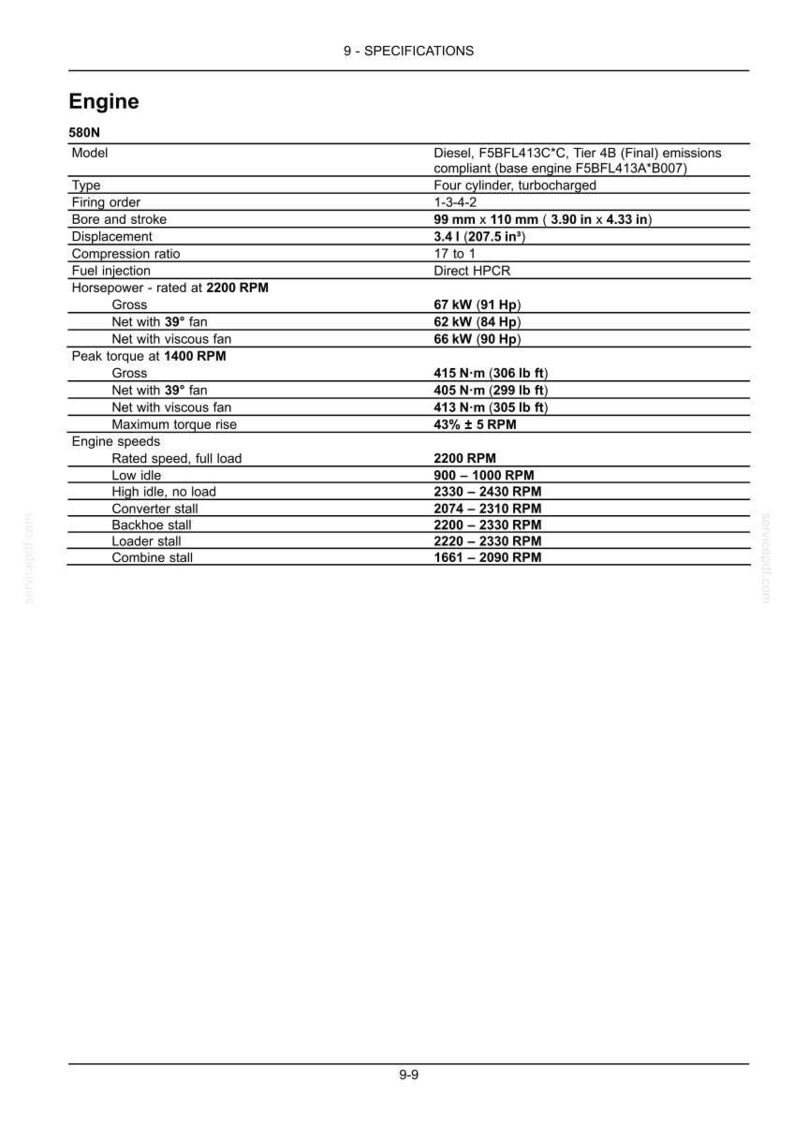 May include: Engine specifications for the 580N model, including bore and stroke of 3.90 in x 4.33 in, and horsepower rated at 2200 RPM. The document details engine speeds, torque, and fuel injection information.