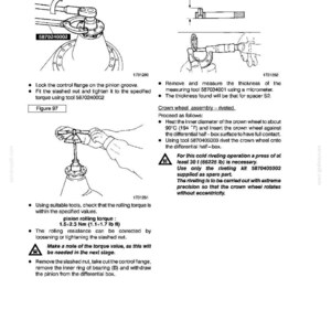 May include: Technical diagram from a handbook detailing rear axle procedures. Includes illustrations of tools and steps for tasks like locking flanges, measuring thickness with a micrometer, and riveting the crown wheel. Text includes torque specifications and safety warnings.