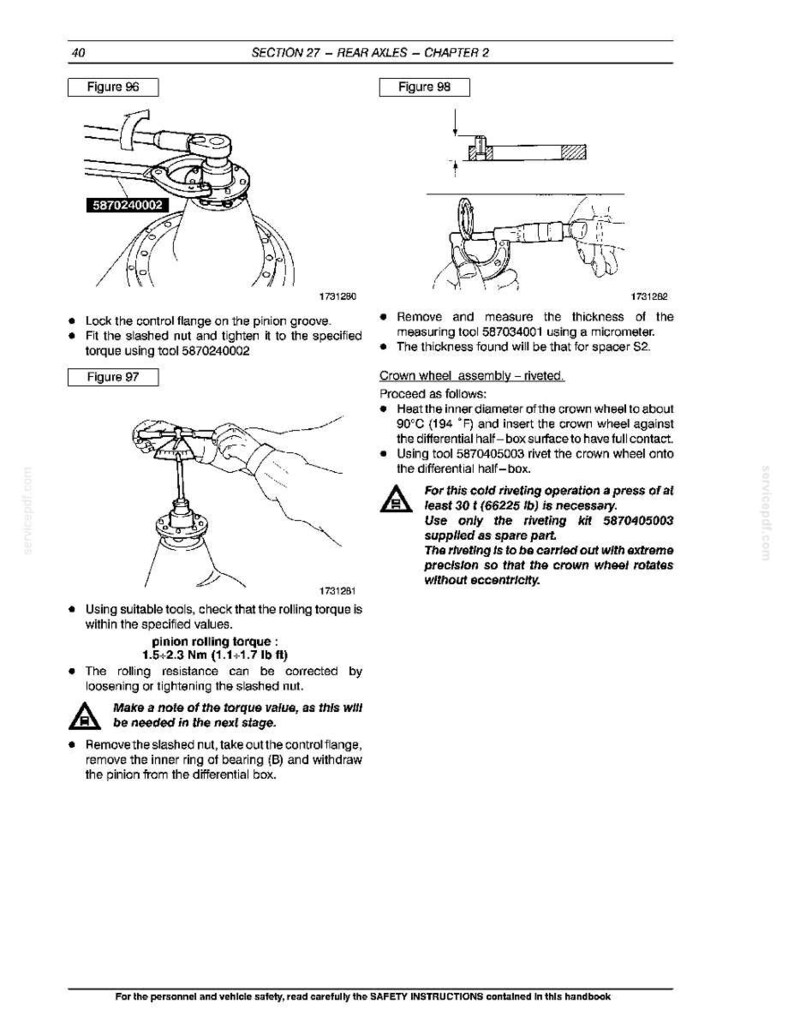 May include: Technical diagram from a handbook detailing rear axle procedures. Includes illustrations of tools and steps for tasks like locking flanges, measuring thickness with a micrometer, and riveting the crown wheel. Text includes torque specifications and safety warnings.