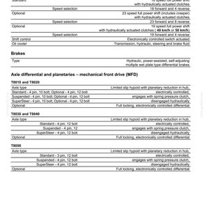 Op de afbeelding: Een technisch specificatiedocument getiteld POWER TRAIN - General specification, met details over transmissie, remmen en asdifferentieelgegevens voor de modellen T8010, T8020, T8030, T8040 en T8050, inclusief opties voor versnellingsbakken en aandrijving.