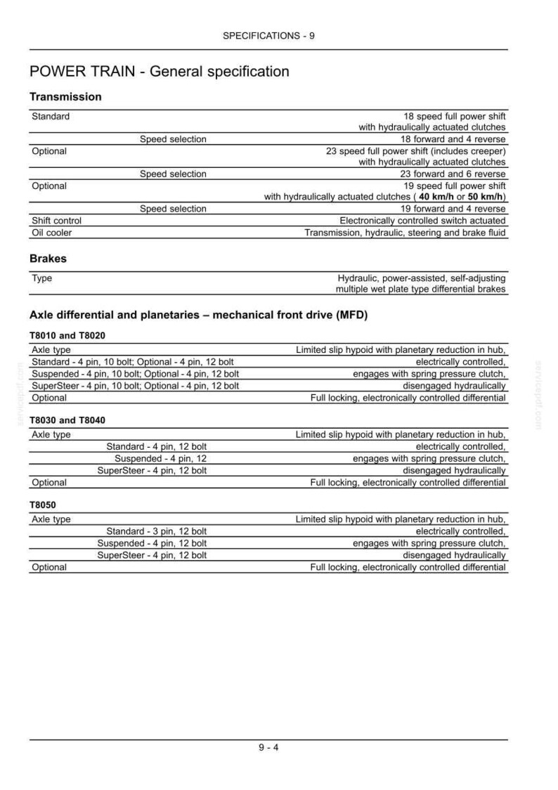 Op de afbeelding: Een technisch specificatiedocument getiteld POWER TRAIN - General specification, met details over transmissie, remmen en asdifferentieelgegevens voor de modellen T8010, T8020, T8030, T8040 en T8050, inclusief opties voor versnellingsbakken en aandrijving.