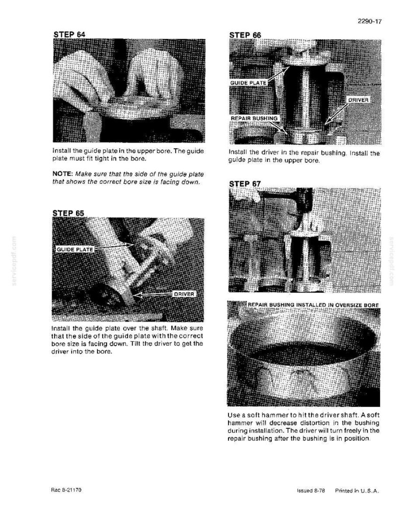 May include: A black and white technical diagram with instructions for mechanical repair. The image shows steps for installing a guide plate, driver, and repair bushing. Text includes "STEP 64", "STEP 65", "STEP 66", and "STEP 67".
