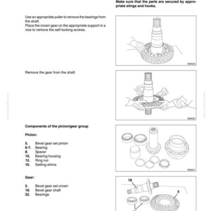 May include: Diagram of a bevel gear disassembly process, with detailed illustrations of components like bearings, shafts, and gears. Includes a warning about lifting heavy parts safely. Text includes component names and safety precautions.