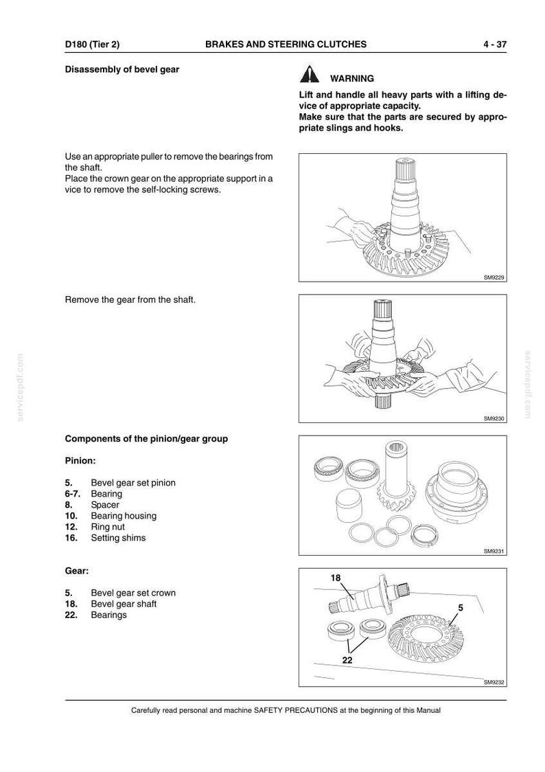May include: Diagram of a bevel gear disassembly process, with detailed illustrations of components like bearings, shafts, and gears. Includes a warning about lifting heavy parts safely. Text includes component names and safety precautions.