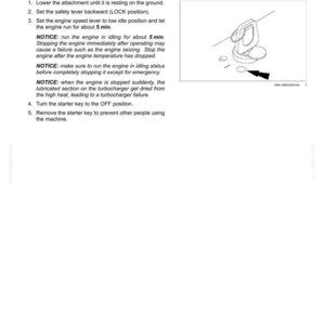 May include: Page from an instruction manual with the title "Stopping the engine." The page includes numbered steps and notices. A diagram of a key and related components is in the upper right corner.