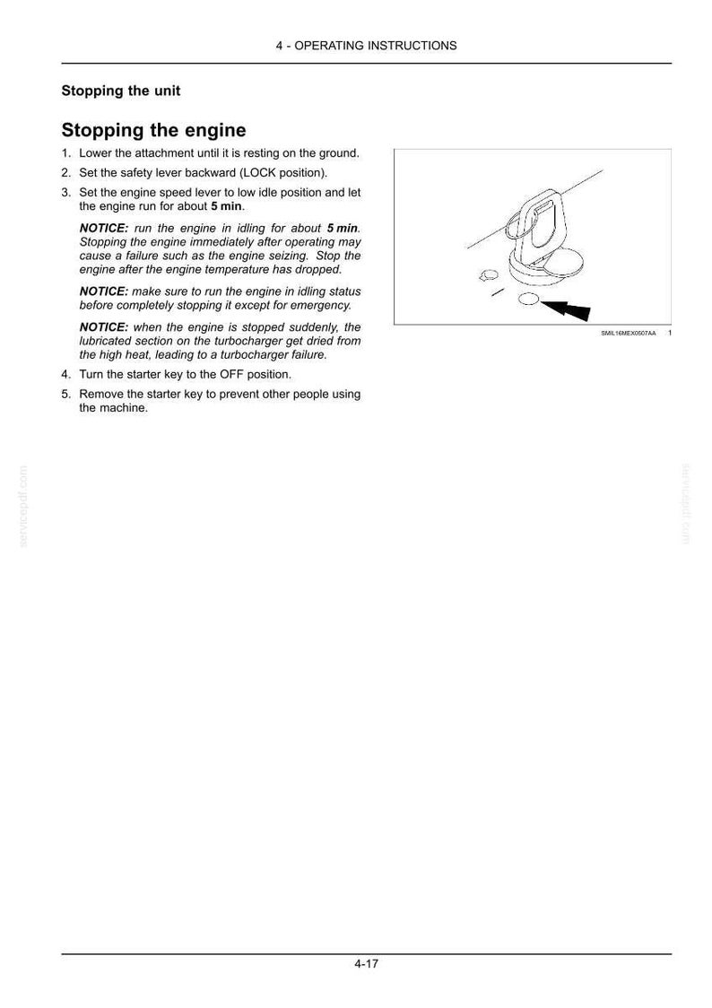 May include: Page from an instruction manual with the title "Stopping the engine." The page includes numbered steps and notices. A diagram of a key and related components is in the upper right corner.
