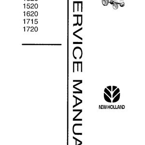 Op de afbeelding: Een witte servicemanual met de titel "SERVICE MANUAL" verticaal in zwart gedrukt. De cover bevat een tractorillustratie, het New Holland-logo en een lijst met tractormodelnummers: 1320, 1520, 1620, 1715 en 1720.