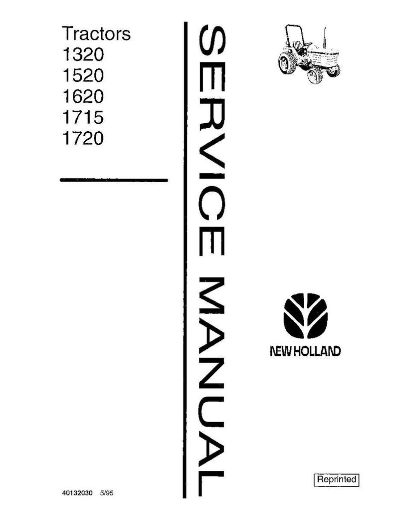 Op de afbeelding: Een witte servicemanual met de titel "SERVICE MANUAL" verticaal in zwart gedrukt. De cover bevat een tractorillustratie, het New Holland-logo en een lijst met tractormodelnummers: 1320, 1520, 1620, 1715 en 1720.