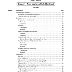 May include: A page from a manual titled "SECTION 25 - MFD AXLE" with a table of contents. The table lists topics such as "Front Axle Differential" and "Wheel Hub Bearing". The page number "10" is visible at the bottom.