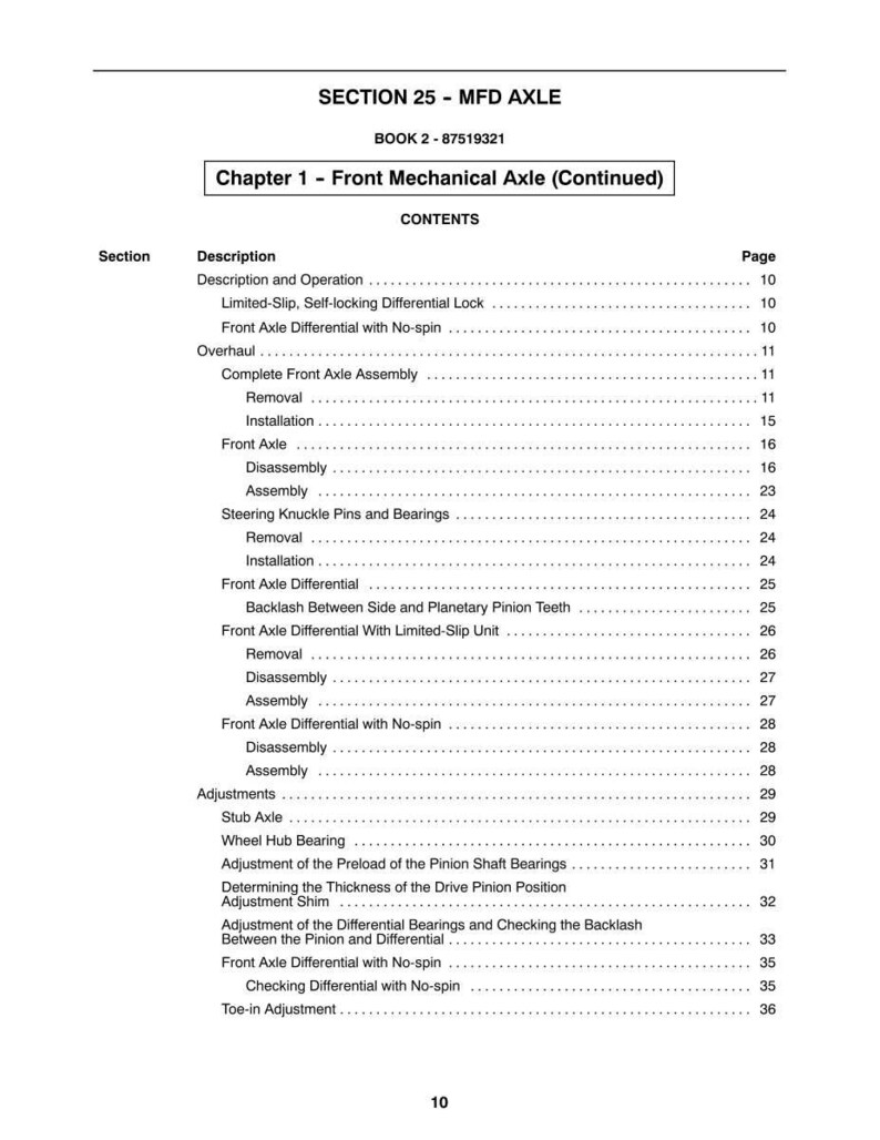 May include: A page from a manual titled "SECTION 25 - MFD AXLE" with a table of contents. The table lists topics such as "Front Axle Differential" and "Wheel Hub Bearing". The page number "10" is visible at the bottom.
