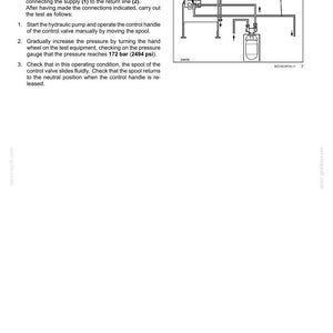 May include: Diagram illustrating a sticking test for hydraulic system spools (cassettes) of control valves. The text details the procedure, including connecting to the return line and checking pressure at 172 bar. The diagram includes numbered components.