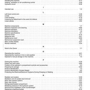 Puede incluir: Una detallada tabla de contenidos de un manual, con varias secciones y n&uacute;meros de p&aacute;gina. El texto es negro sobre un fondo blanco. Las secciones incluyen componentes de la m&aacute;quina, operaci&oacute;n y mantenimiento.