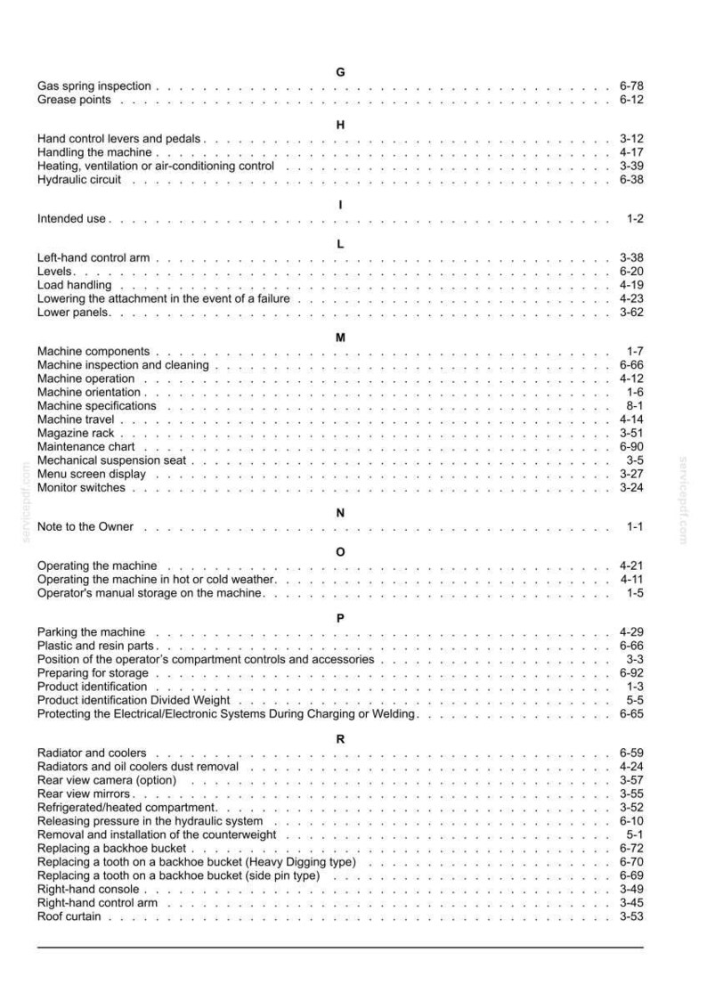 Puede incluir: Una detallada tabla de contenidos de un manual, con varias secciones y n&uacute;meros de p&aacute;gina. El texto es negro sobre un fondo blanco. Las secciones incluyen componentes de la m&aacute;quina, operaci&oacute;n y mantenimiento.