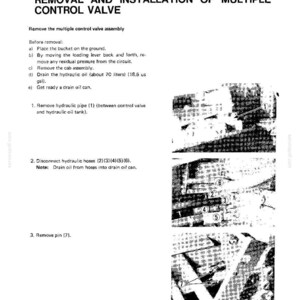May include: A technical manual page titled Removal and Installation of Multiple Control Valve. It includes instructions for removing a hydraulic pipe, disconnecting hoses numbered 2 through 6, and removing pin 7, with corresponding black and white images.