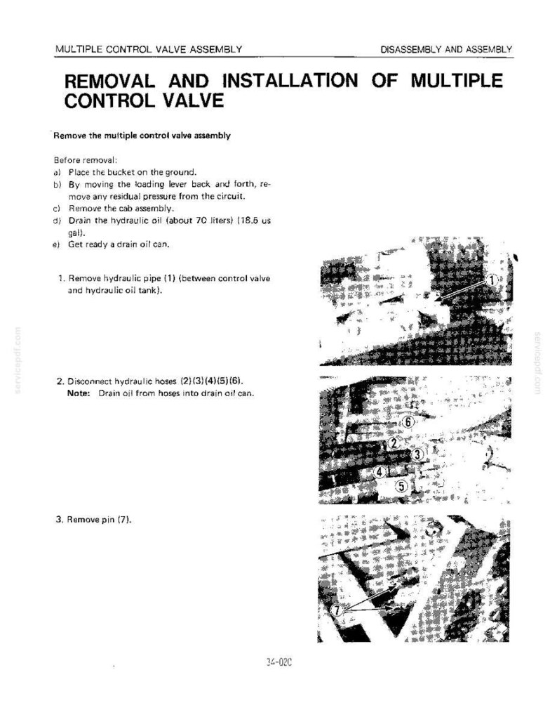 May include: A technical manual page titled Removal and Installation of Multiple Control Valve. It includes instructions for removing a hydraulic pipe, disconnecting hoses numbered 2 through 6, and removing pin 7, with corresponding black and white images.