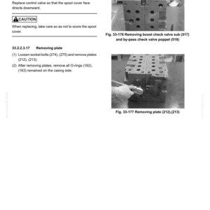 May include: Two images show the disassembly of mechanical components. One image shows the removal of a boost check valve sub and by-pass check valve poppet. The other image shows the removal of a plate. Text includes "33. UPPER STRUCTURE" and "CAUTION".
